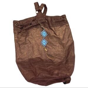 TARGET fabric canvas backpack brown shimmery rose gold accents turquoise tassel